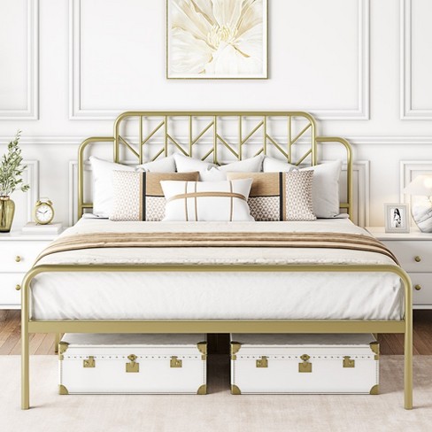 Homfa Queen Size Bed Frame, Golden Velvet Upholstered Platform Bed with  Headboard for Bedroom, Seashell Bed for Kids Girls, Beige