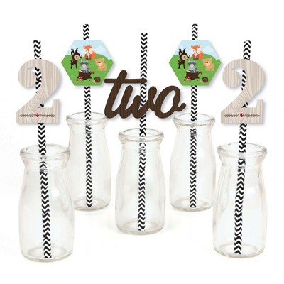 Big Dot of Happiness 2nd Birthday Woodland Creatures - Paper Straw Decor - Second Birthday Party Striped Decorative Straws - Set of 24