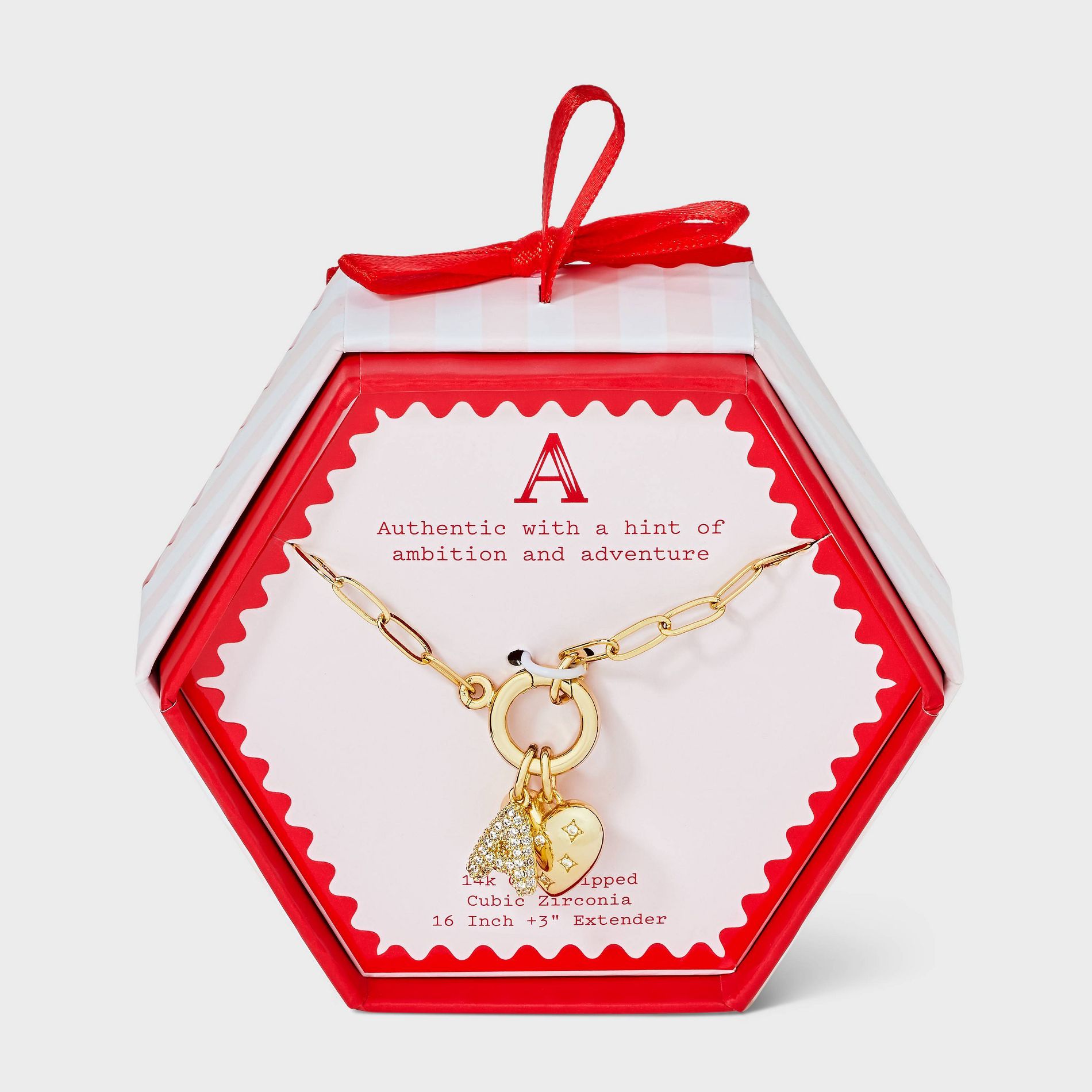 14K Gold Dipped Cubic Zirconia Puffy Heart Charm Initial Necklace - A New Day™ Gold