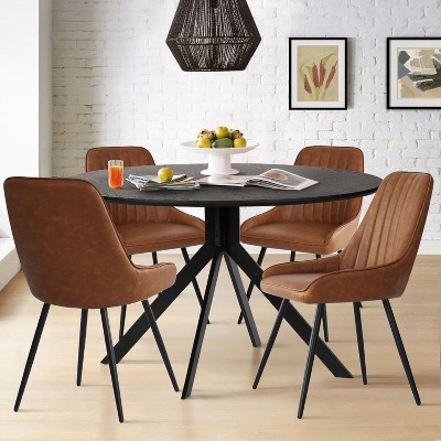 5-Piece Black Round Dining Table Set, 43'' Pedestal Table with 4 Faux Leather Upholstered Chairs, Modern Kitchen & Dining Furniture-Maison Boucle