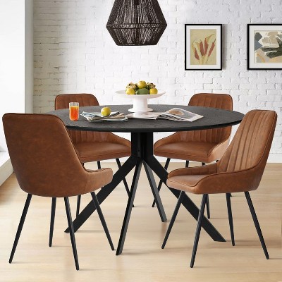 Jones Black Round Dining Table Set With 4,upholstered Brown Faux ...