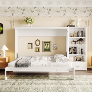TIRAMISUBEST Queen Size Murphy Bed with Height Adjustable Storage Compartments and Shelf, Multifunctional Foldable Platform Bed Wall Bed with 1 Drawer - 1 of 4