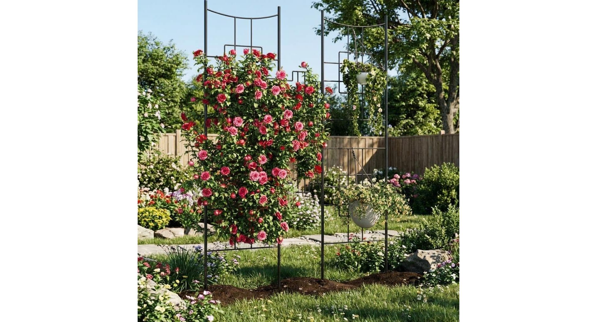 1/2 Pack 5.5FT Black Metal Garden Trellis Panels, Rustproof Privacy Screen Fence for Climbing Plants Roses Vines Vegetables
