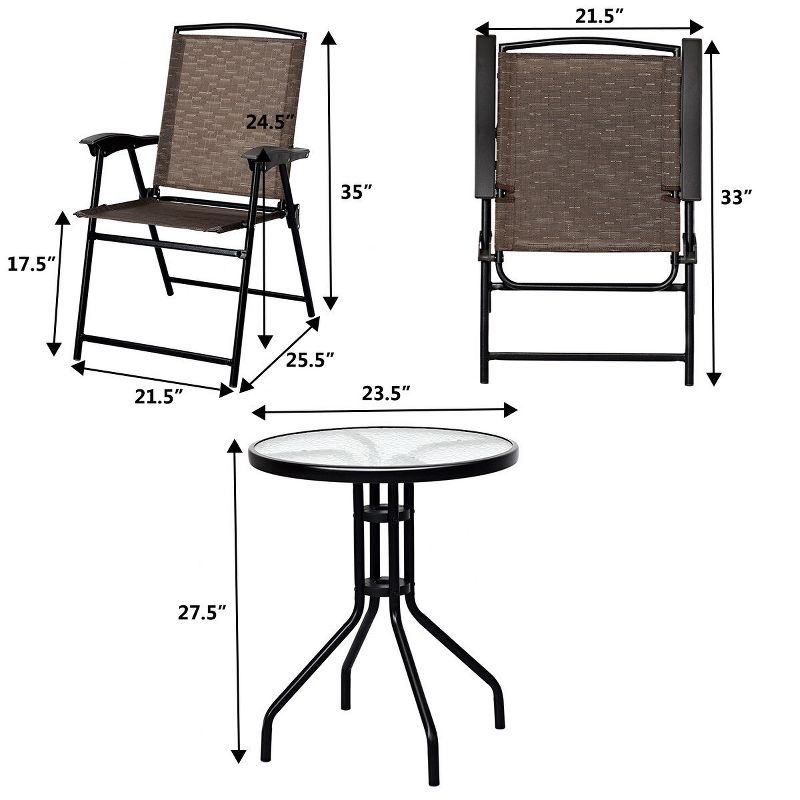 Costway 3PC Bistro Patio Garden Furniture Set 2 Folding Chairs Glass Table Top Steel, 2 of 11