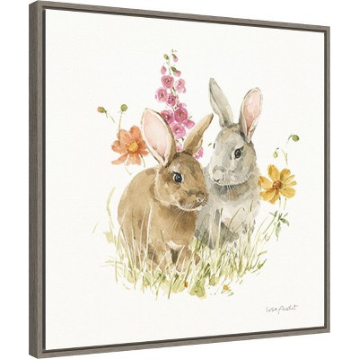 Springtime Bunnies Floral Canvas Framed Wall Art