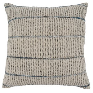 Saro Lifestyle Stripe Embroidered Block Print Pillow - Down Filled, 20" Square, Blue - 1 of 3