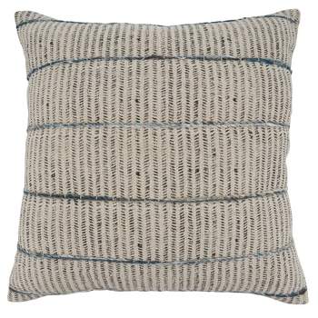 Saro Lifestyle Stripe Embroidered Block Print Pillow - Poly Filled, 20" Square, Blue