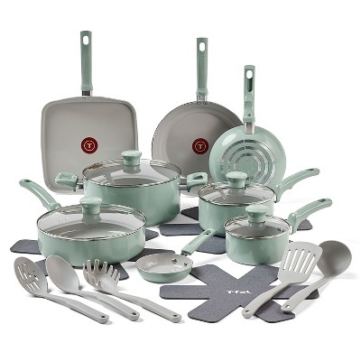 T-fal 20pc Ceramic Nonstick Cookware Set, Refresh Ceramic, Mint Green