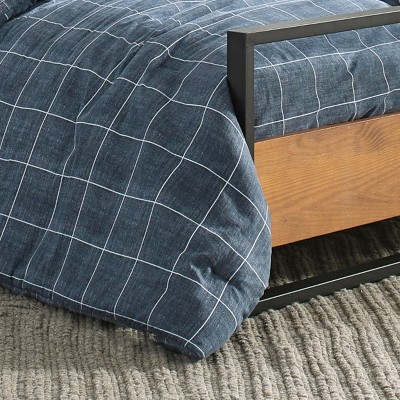 Twin Blue Cotton Grid Duvet Cover Set with Sham