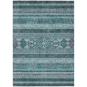 Teal Blue Ivory And Gray Southwestern Washable Indoor Outdoor Area Rug - 1 of 4