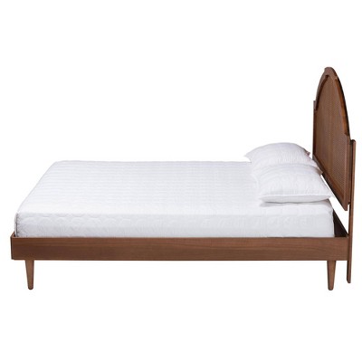 Walnut Brown Queen Wood Frame Platform Bed with Rattan Headboard
