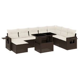 vidaXL 9 Piece Patio Sofa Set with Cushions Poly Rattan - Brown and Cream Without Storage - 1 of 4