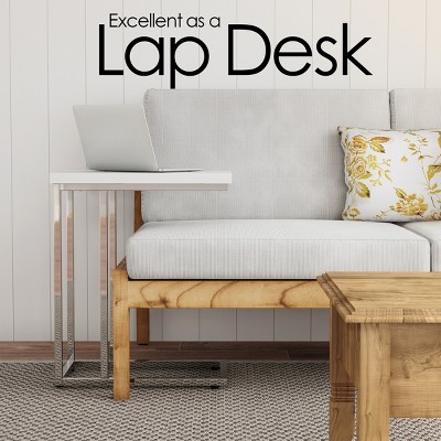 White Glossy Wood and Chrome C-Shaped Sofa Side Table