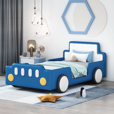 NicBex Twin Car-Shaped Platform Bed Frame with Wheels,Platform Bed with Headboard,Solid Wood Slats Support,No Box Spring Needed,Easy Assembly,Red/Blue