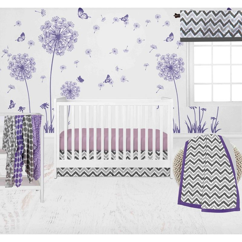 Bacati - Ikat Dots Leopard  Purple Grey Girls 10 pc Crib Set with 2 Crib Fitted Sheets 4 Muslin Swaddling Blankets, 1 of 10