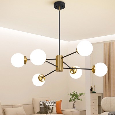 POWLIG 40 Inch Modern Black Gold Chandelier with Milk White Glass Shades, 6 Light Adjustable Ceiling Fixture for Dining Room, Kitchen Island, Bedroom