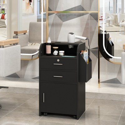 Sevobal Utility Storage Cabinets Salon Styling Cabinet with 2 Drawers, 2 Hair Dryer Holders and 1 Cabinet, Moveable Cabinet with Wheels, Black,