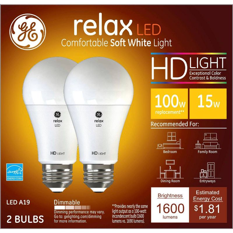 GE 2pk 15W 100W Equivalent Relax LED HD Light Bulbs Soft White, 5 of 6