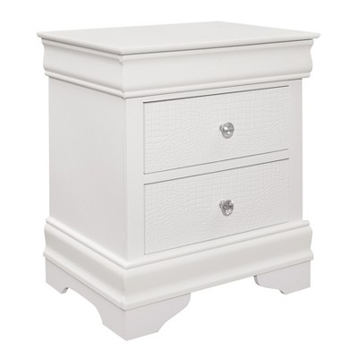 Vynxaria Traditional 1pc Nightstand - White Finish, 3 Drawers (1 Felt-Lined), Faux Alligator Embossed Fronts, Faux Crystal Knobs, Wood/Engineered Wood