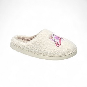 Aéropostale Women’s Fuzzy “Pink Heart-Planet” Mule Slippers – Ivory Slip-On House Shoes with Pastel Planet-Heart Embroidery - 1 of 4