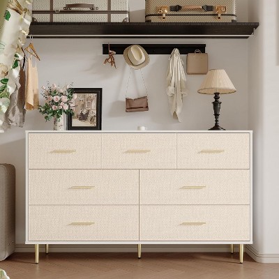 Modern White Chest of Drawers,7 Drawer Dresser with Gold Handles and Legs
