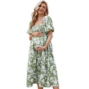 Women's Maternity Puff Sleeve Smocked Maxi Dress Pregnancy Comfortable Long Summer Dress - 1 of 4