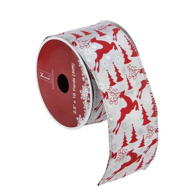 Northlight Pack of 12 Silver and Red Flying Reindeer Christmas Wired Craft Ribbon Spools - 2.5" x 120 Yards
