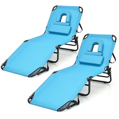 Tangkula 2PCS Beach Chaise Lounge Chair w/ Face Hole Pillows & Adjustable Backrest