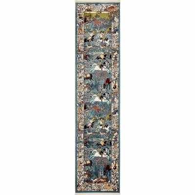 Blue and Tan Floral Synthetic Indoor Runner Rug