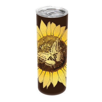 Glitzy and Glamorous Golden Glittered Sunflower with Butterfly 20 ounce Stainless Steel Travel Tumbler with Lid For Your On The Go Beverages