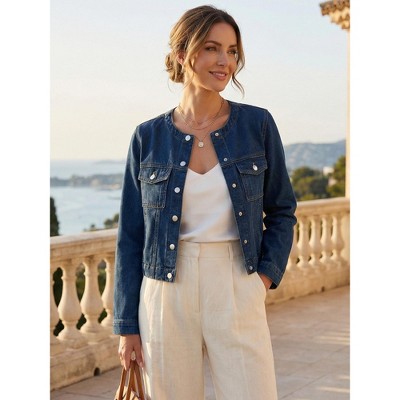 INSPIRE CHIC Women's Crew Neck Western Long Sleeve Chest Pockets Denim Cropped Jean Jackets XX-Large Vintage Blue — фото 3