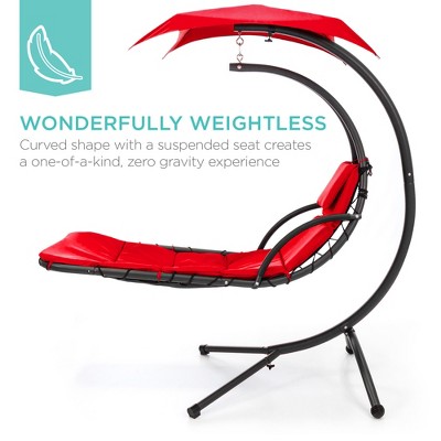 Red Hanging Curved Chaise Lounger with Cushions and Canopy