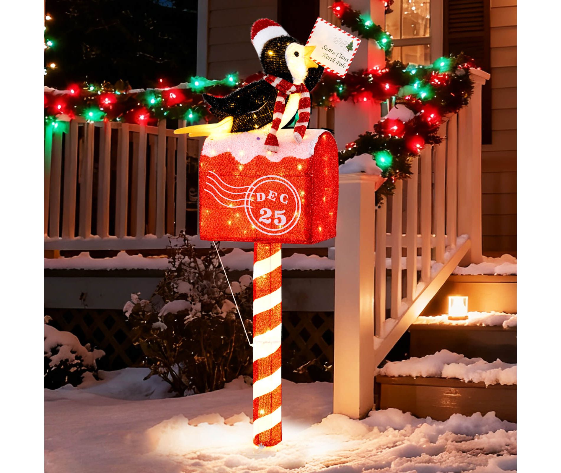 Costway 4.8 FT Christmas Lighted Penguin on Mailbox with 100 LED White Lights,Ground Stakes