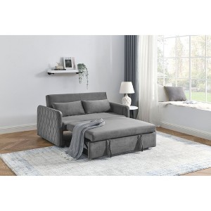 55" Modern Velvet Convertible Sofa Bed - with Detachable Arm Pockets, Pull-Out Bed, 2 Pillows, Adjustable Backrest, Grid Design Armrests - 1 of 4
