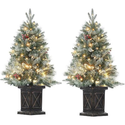 2pcs 3ft Christmas Tree Pre-Lit Artificial Christmas Tree with Vintage Potted Base, Flocked Snow 70 Warm White LED Lights Red Berries, Decor for Home