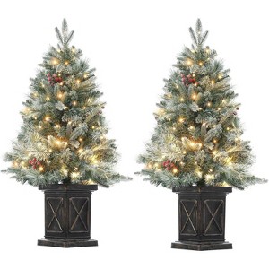 2pcs 3ft Christmas Tree Pre-Lit Artificial Christmas Tree with Vintage Potted Base, Flocked Snow 70 Warm White LED Lights Red Berries, Decor for Home - 1 of 4