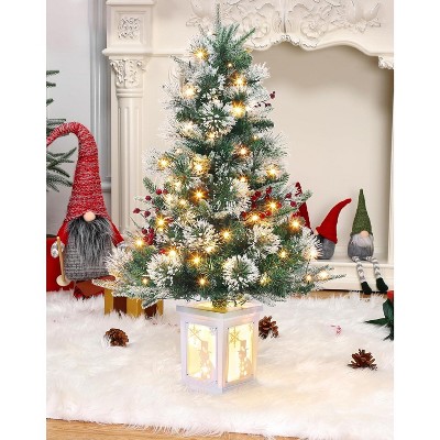 3FT Pre-Lit Fiber Optic Artificial Christmas Tree with 78 Warm White LED Lights, 8 Mode Timer, White Cement Base with Red Berries