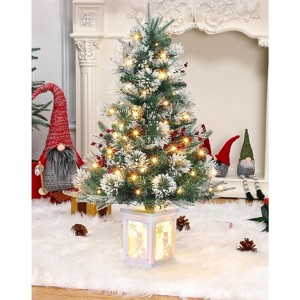 3FT Pre-Lit Fiber Optic Artificial Christmas Tree with 78 Warm White LED Lights, 8 Mode Timer, White Cement Base with Red Berries - 1 of 4