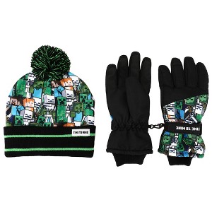 Kids Minecraft Fleece Knit Cuff Hat and Ski Gloves Set - 1 of 2