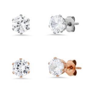 Steeltime Ladies stainless steel and 18k rose gold plated simulated diamonds stud earrings set - 1 of 4