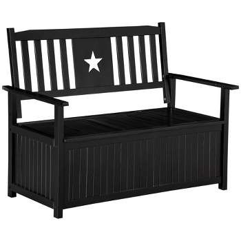 Outsunny Outdoor Wooden Storage Bench Deck Box, Wood Patio Furniture, 43 Gallon Pool Storage Bin Container with Cloth, Backrest, Armrests, Star, Black