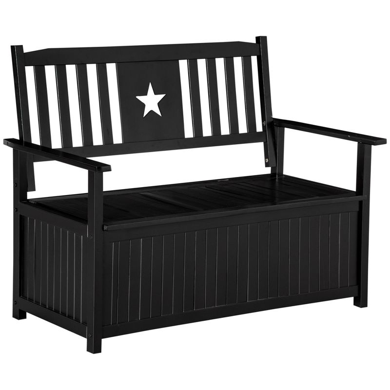 Outsunny Outdoor Wooden Storage Bench Deck Box, Wood Patio Furniture, 43 Gallon Pool Storage Bin Container with Cloth, Backrest, Armrests, Star, Black, 1 of 7