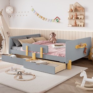 TIRAMISUBEST Twin/Full Size Platform Bed with Storage Drawers, Solid Wood Kids Bed Frame with Small Shelf & Hooks - 1 of 4