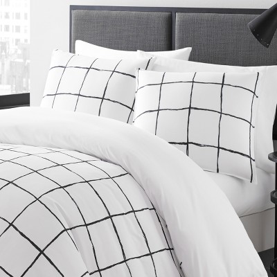 Twin White and Black Microfiber Geometric Duvet Cover Set