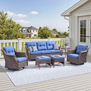 Buenhomino 6 Pieces Patio Furniture Set, Outdoor Wicker Sofa Couch with Rocking Swivel Chairs Comfy Cushions, Deep Seat Rattan Conversation Sets - 1 of 4