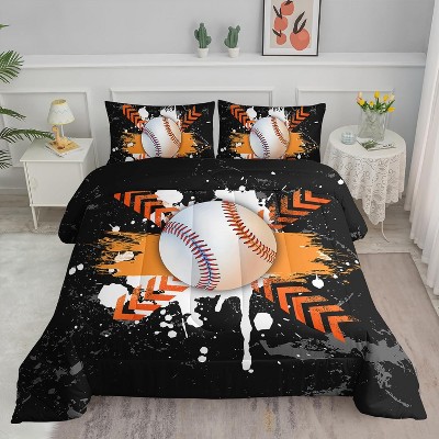 Hachikiko Baseball Comforter Set - 3Pcs Black Orange Sport Bedding Set for Boys Teens Men, Ball Game Themed Quilt Set with 1 Comforter + 2 Pillowcases