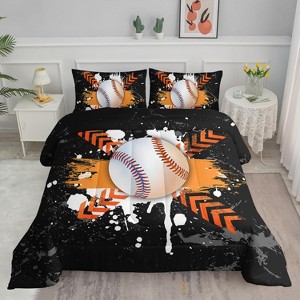 Hachikiko Baseball Comforter Set - 3Pcs Black Orange Sport Bedding Set for Boys Teens Men, Ball Game Themed Quilt Set with 1 Comforter + 2 Pillowcases - 1 of 4