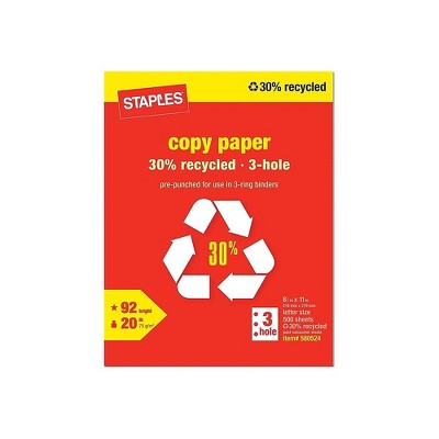 Staples 30% Recycled 8.5" x 11" Copy Paper 20 lbs 92 Brightness 500/RM 112370