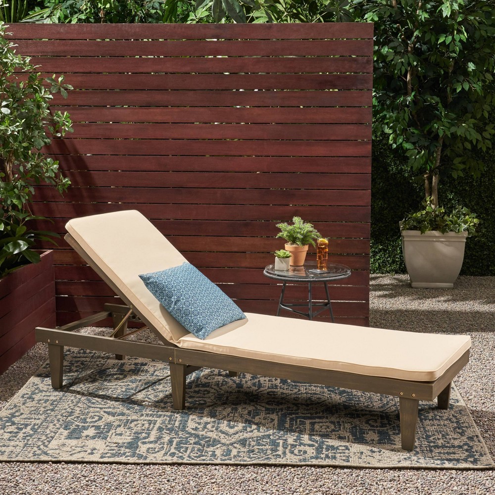 Photos - Garden Furniture Nadine Gray Acacia Wood Chaise Lounge: Weather-Resistant, Polyester Cushio