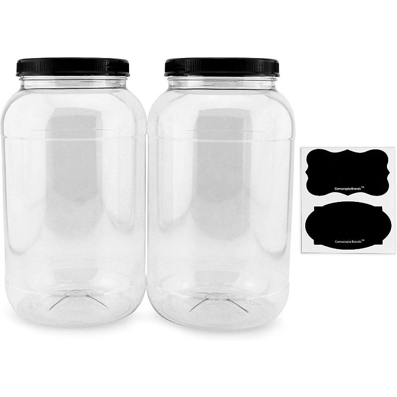 Cornucopia Brands Round Gallon Plastic Jars 2pk; Clear Round Containers w/ Black Ribbed Lids 4-Quart Large Size, 1 of 6